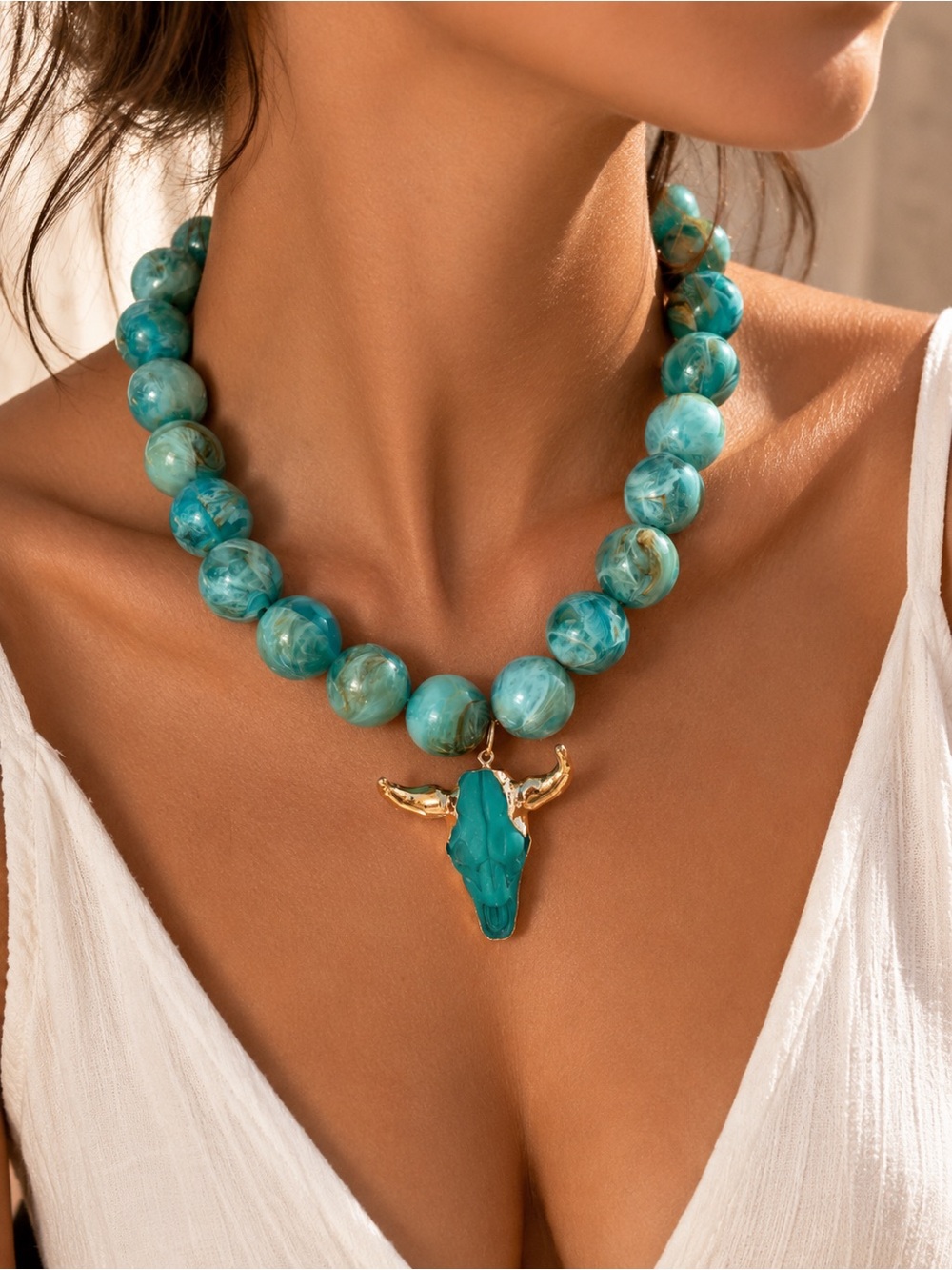 Turquoise Beaded Bull Skull Pendant Necklace - Women Jewelry